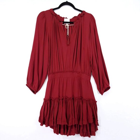 Misa Los Angeles Lorena Mini Dress Medium Tiered Long Sleeve V-Neck Red - Picture 1 of 15